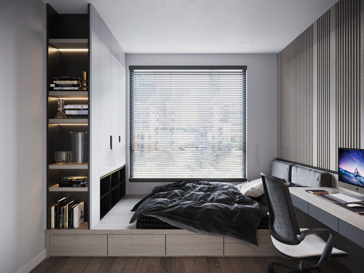 Tiết kiệm không gian phòng ngủ với giường kết hợp tủ quần áo